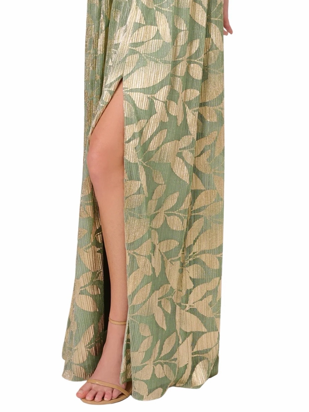 Adrianna Papell Leaf Print Off-The-Shoulder Foiled Knit A-Line Gown Dress - Picture 4 of 12